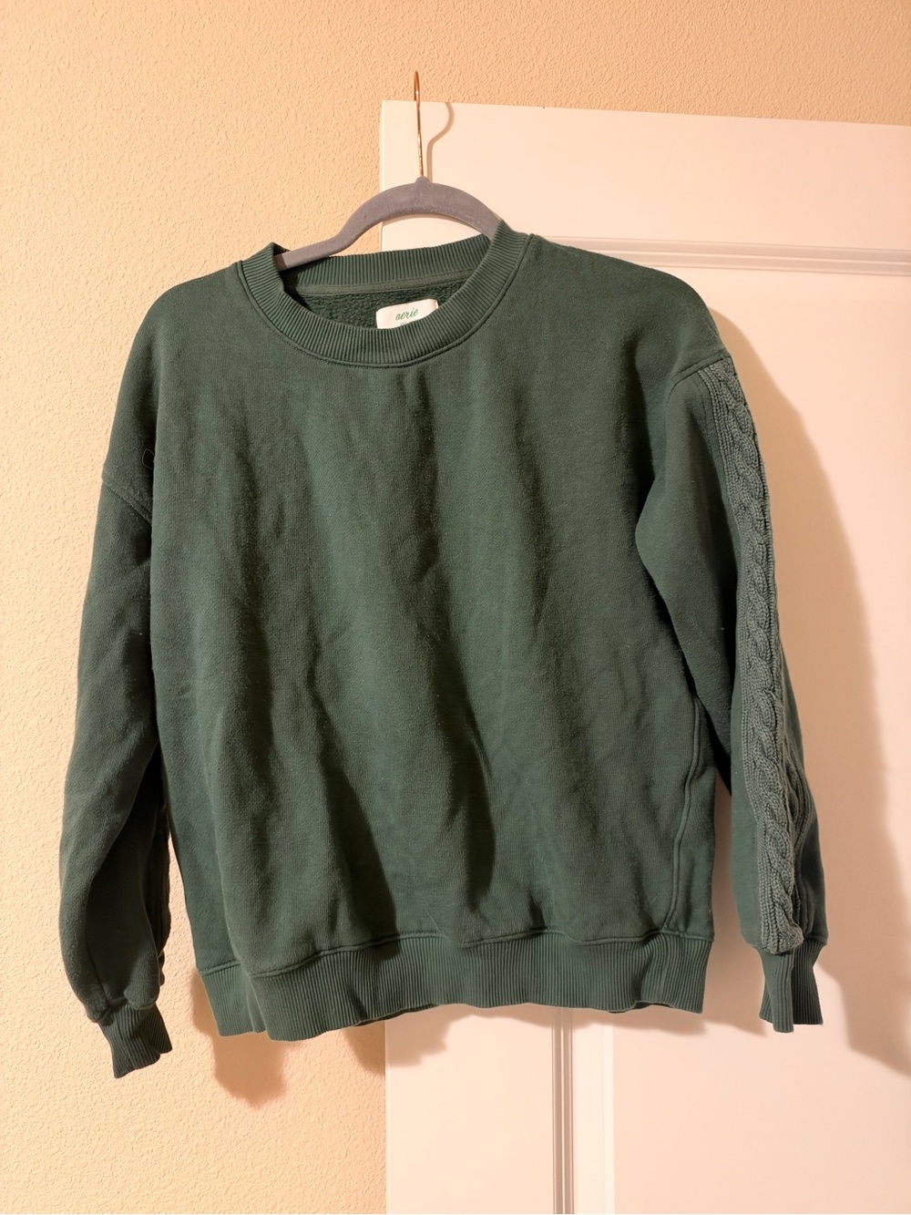 aerie Dark Green Crewneck Sweater with Cable Sleeve
